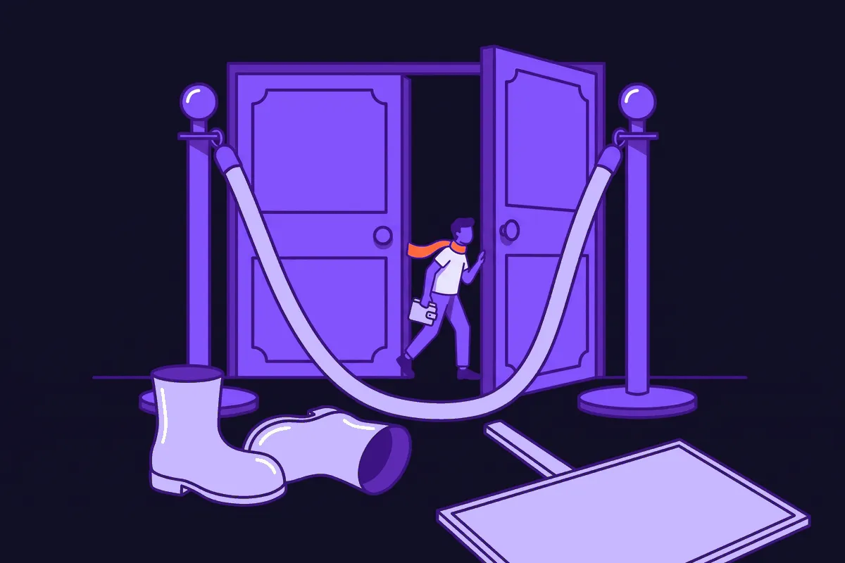 A marketer sneaking through an open velvet-rope gate where a $250K minimum bouncer used to stand, clutching a tiny test-budget wallet