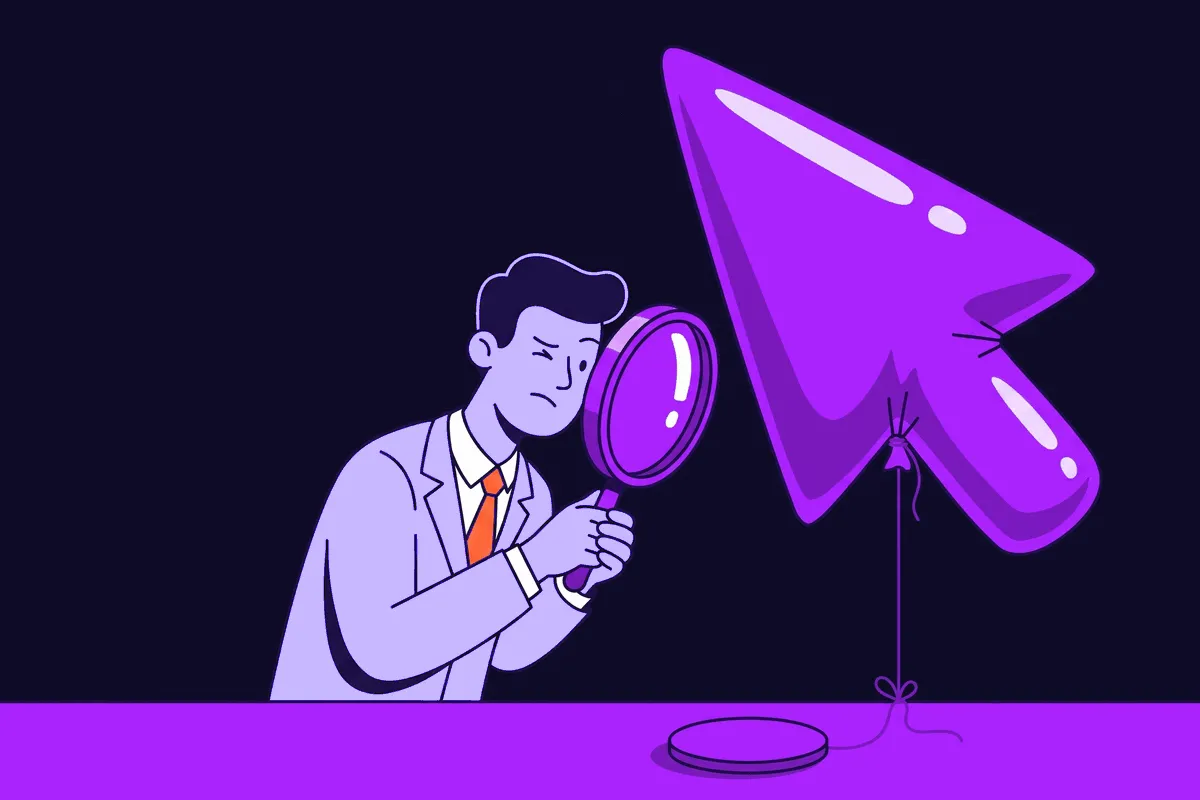 A marketer holding a magnifying glass up to a giant inflated cursor-click balloon while a tiny real conversion figure sits ignored on the desk beside it