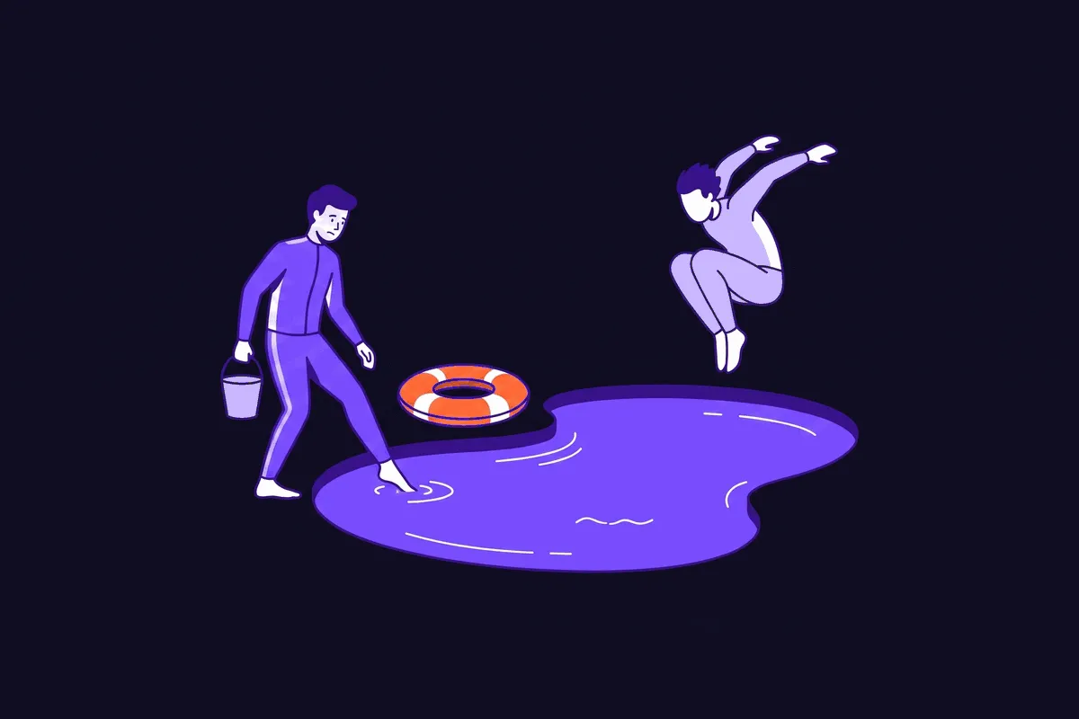 A cautious marketer dipping one toe into a small pool with a tiny test-budget bucket while an eager rival winds up to cannonball straight in behind them
