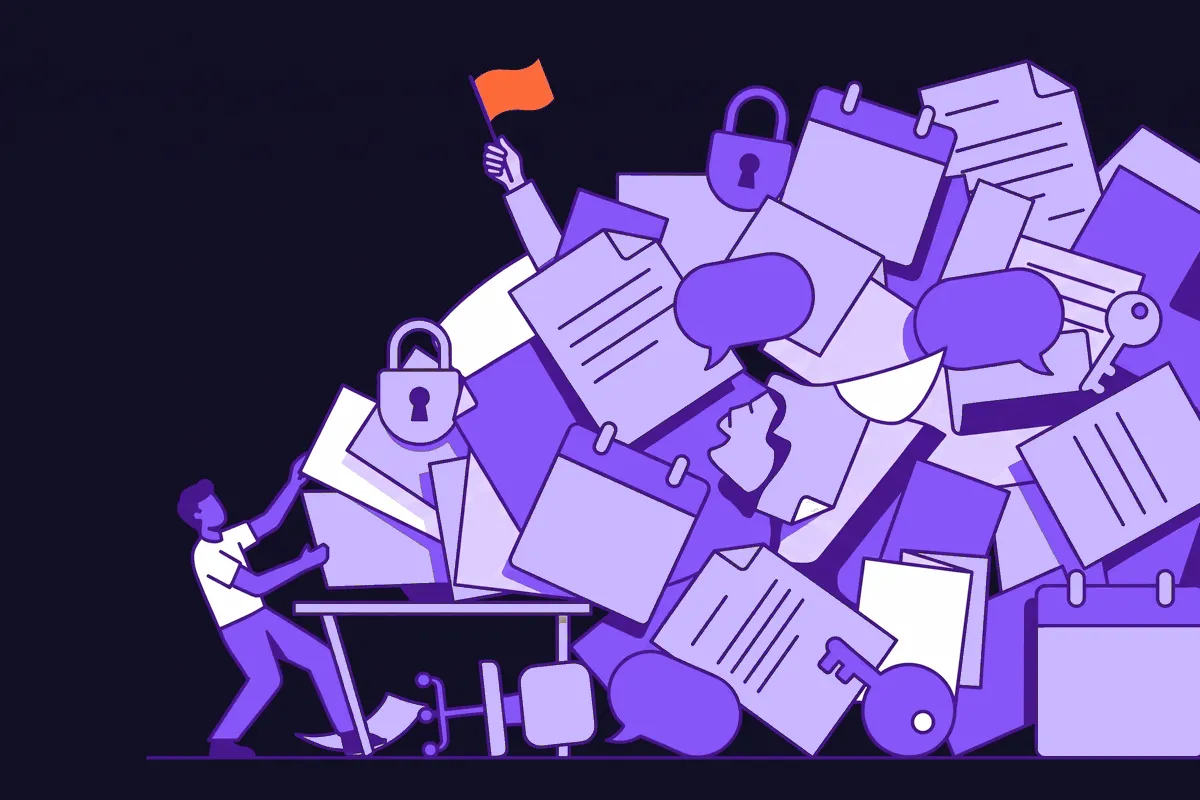 A junior account manager buried under a toppling avalanche of discovery calls, intake forms and logins, one hand poking out to wave a help flag