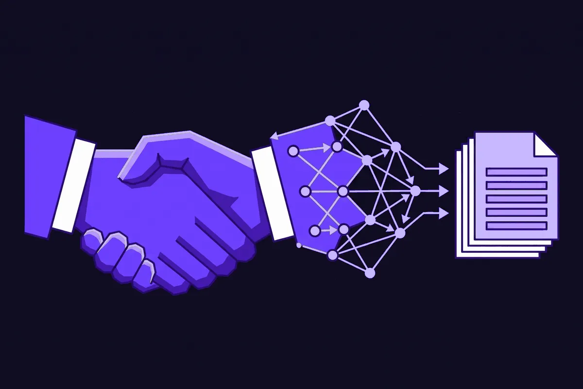 A split view of client onboarding: a human handshake on one side, an automated discovery workflow on the other