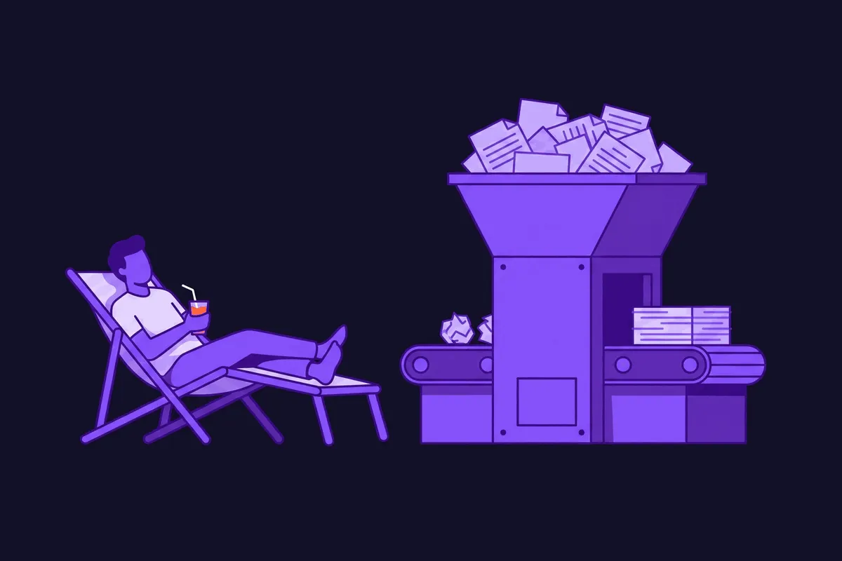 A person relaxing in a deck chair with a drink while a machine crunches a mountain of client paperwork into one neat brief