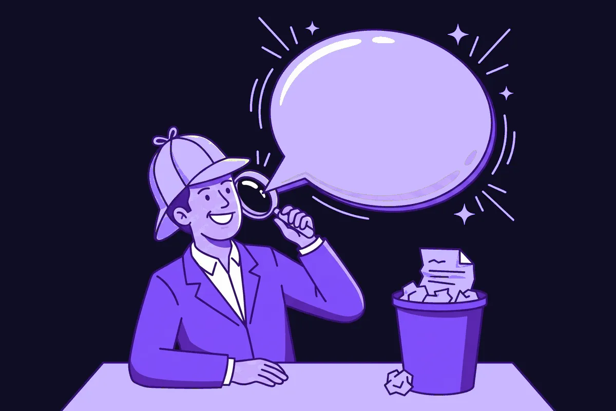 A sales rep in a deerstalker hat and magnifying glass excitedly interviews an ex-prospect on the phone, uncovering a huge glowing REAL REASON speech bubble, while a crumpled tiny CRM dropdown box sits forgotten in the trash can beside them