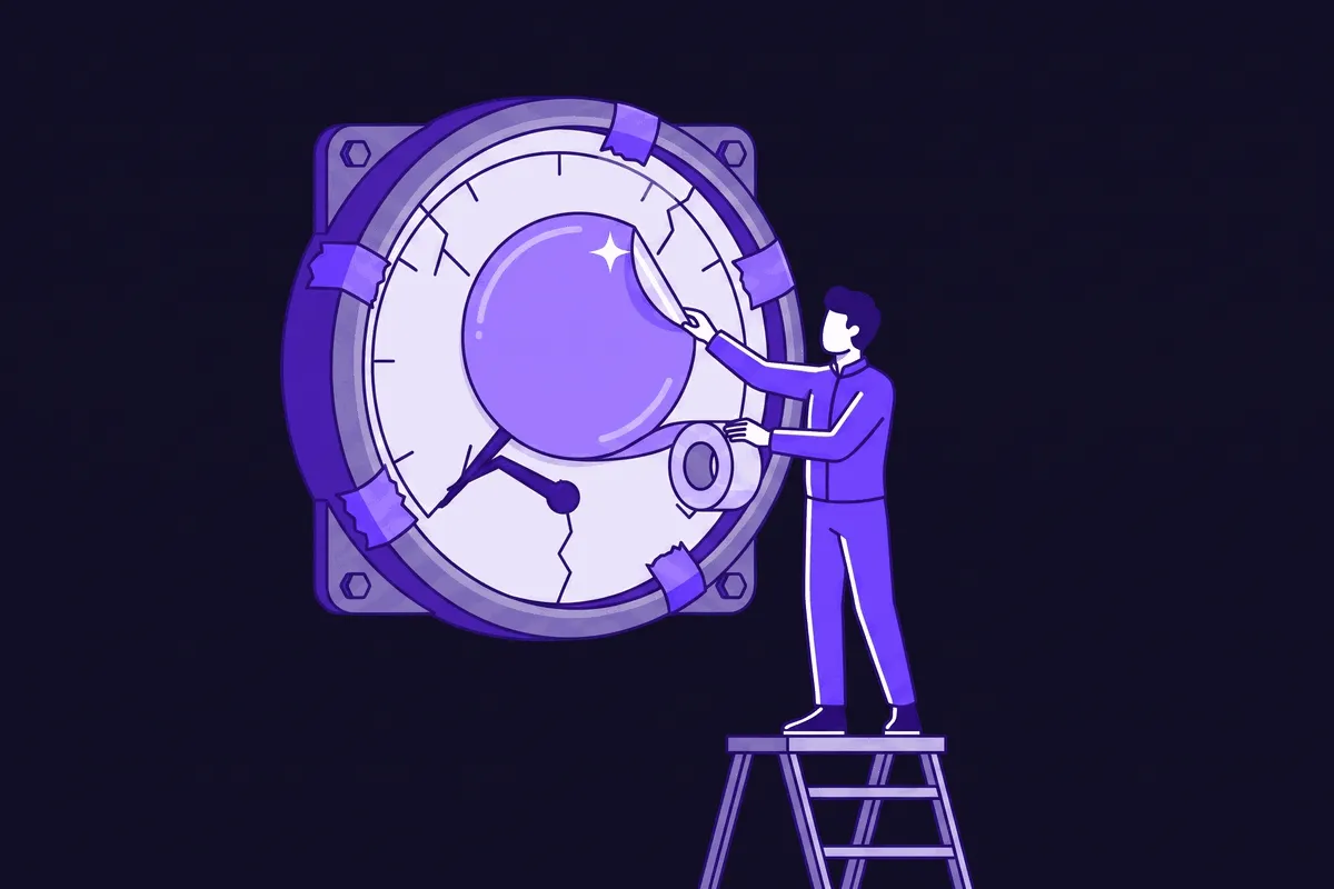 A technician character peels a shiny AI sticker off a roll and presses it onto an old, cracked, taped-together gauge dial, the needle still stuck and broken underneath the new label