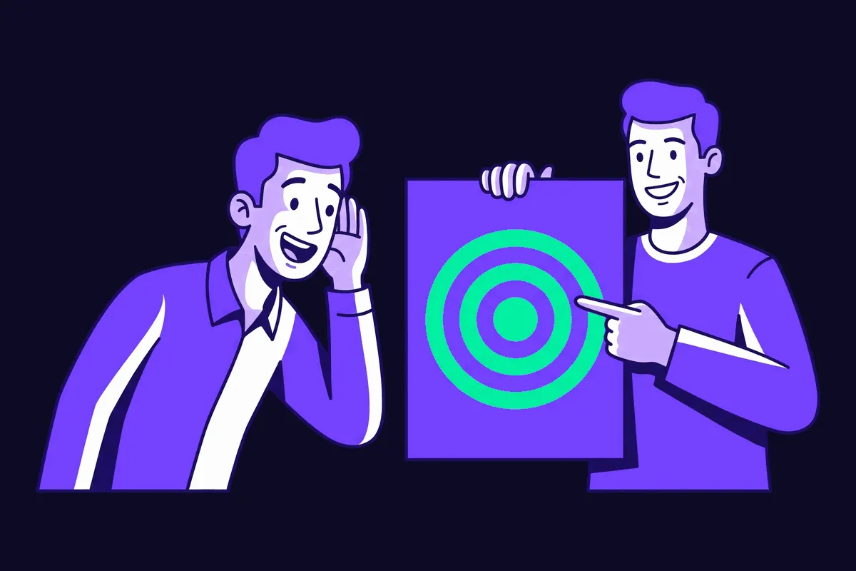 A delighted customer success manager cupping a hand to their ear as a customer points to a bright green bullseye target on a sheet, the outcome they are aiming for, revealed just by asking