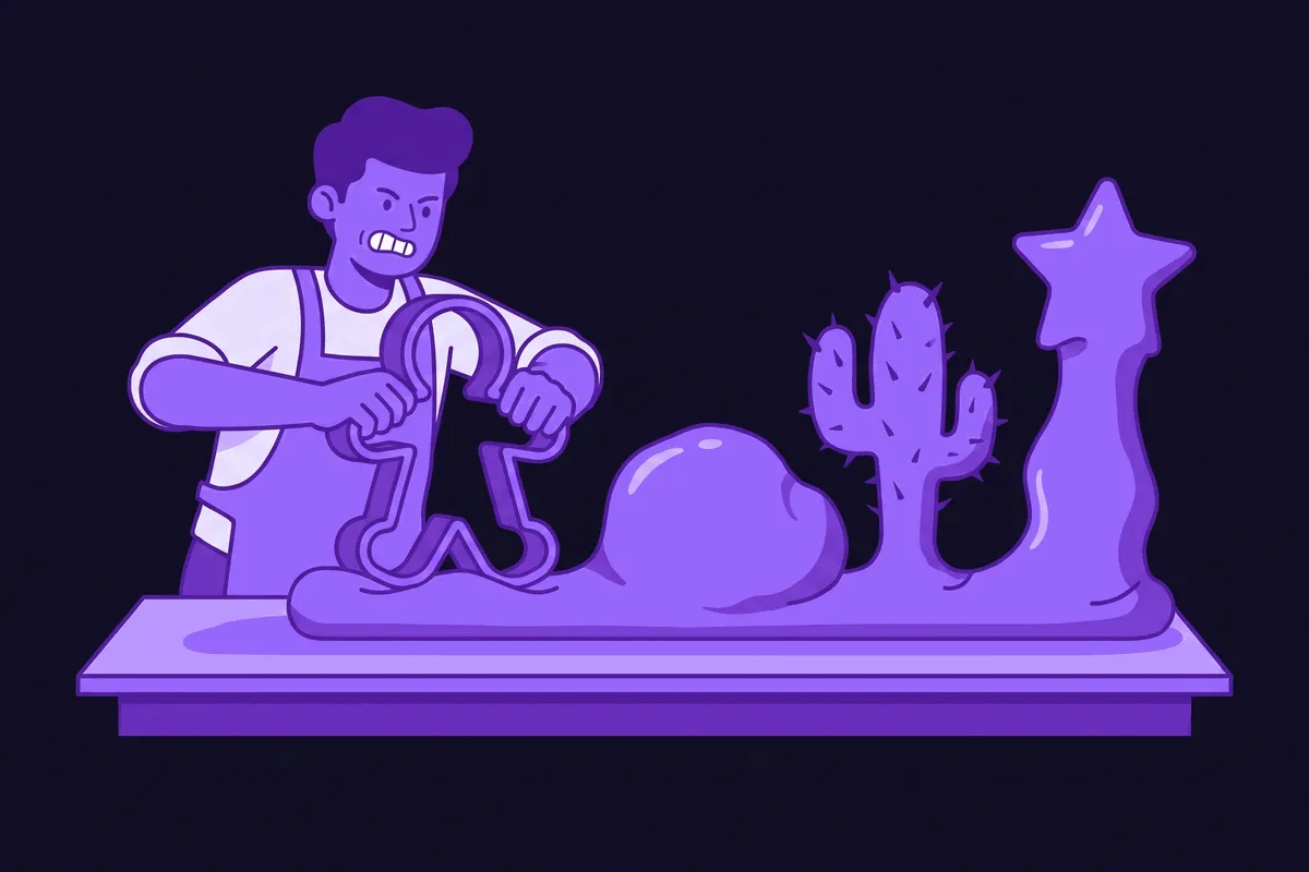 A strained baker pressing a single gingerbread-person cookie cutter into dough while the dough squishes out into totally different shapes, a blob, a cactus and a star, that refuse to fit the one cutter