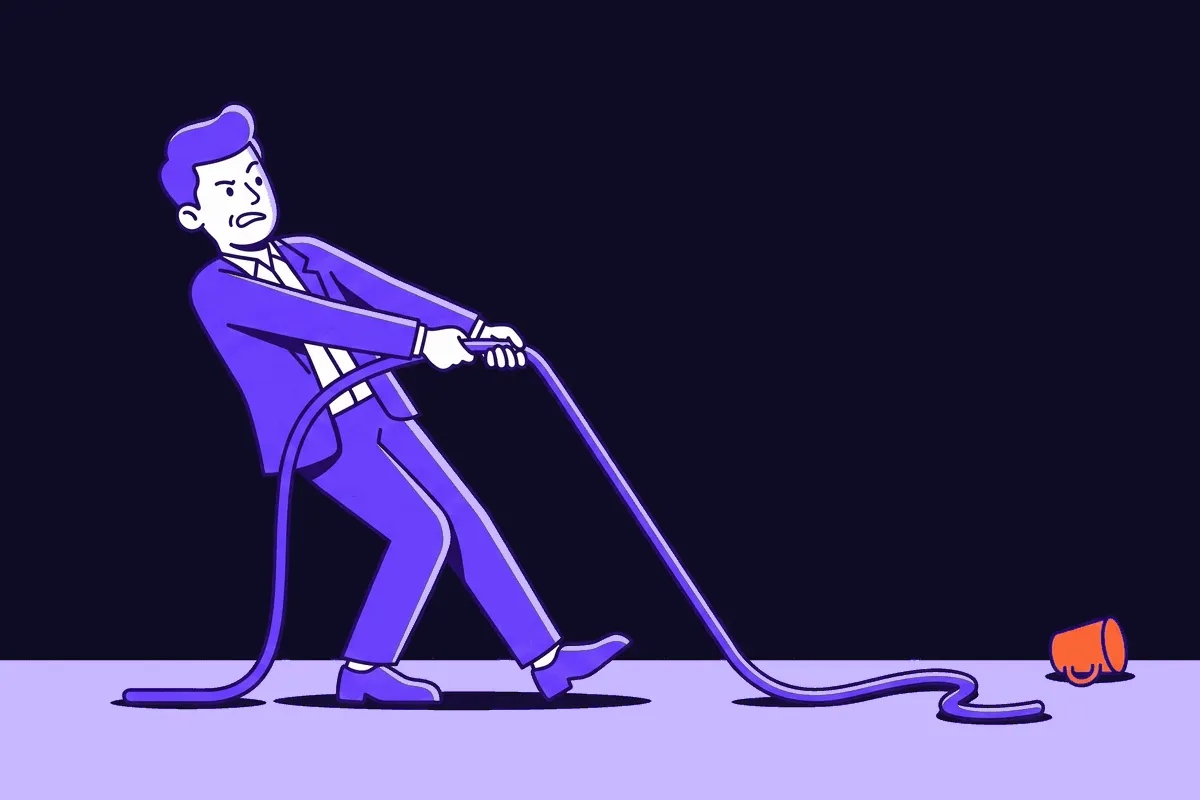 A customer success manager straining backwards in a tug-of-war on a rope whose far end lies slack on the floor with nobody holding it, beside a tipped-over coffee cup where the customer used to be