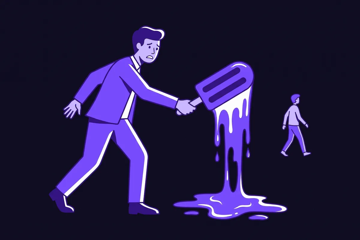 A person holding out a popsicle that has fully melted into a puddle on the stick, chasing after a customer figure already walking away in the distance, having waited too long to catch up and ask what happened