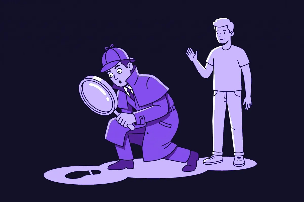A wide-eyed detective product manager crouched low with a giant magnifying glass, intently studying a single footprint pressed into the ground, completely oblivious to the actual person standing calmly right behind them, close enough to tap on the shoulder and answer the question directly