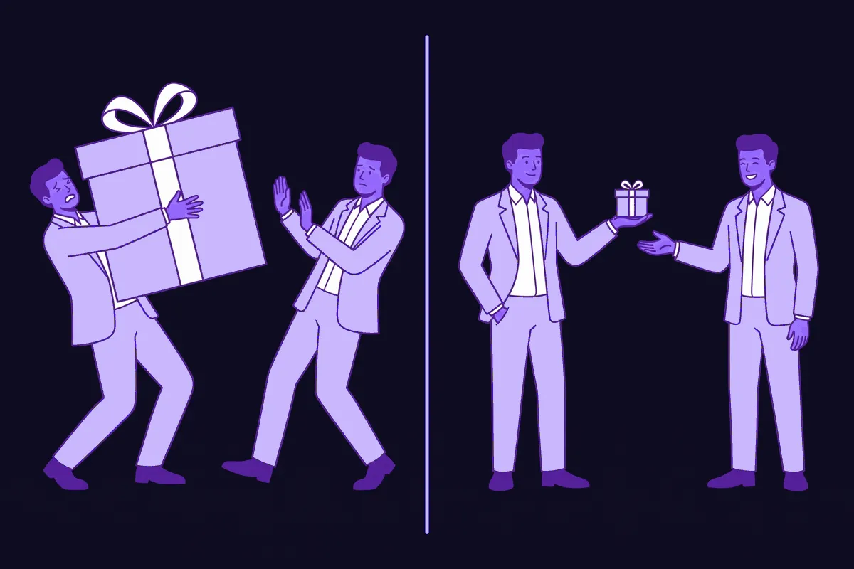 A stranger recoiling from a founder holding an oversized gift box labeled MY IDEA, then happily accepting a tiny gift box labeled five minutes from the same founder