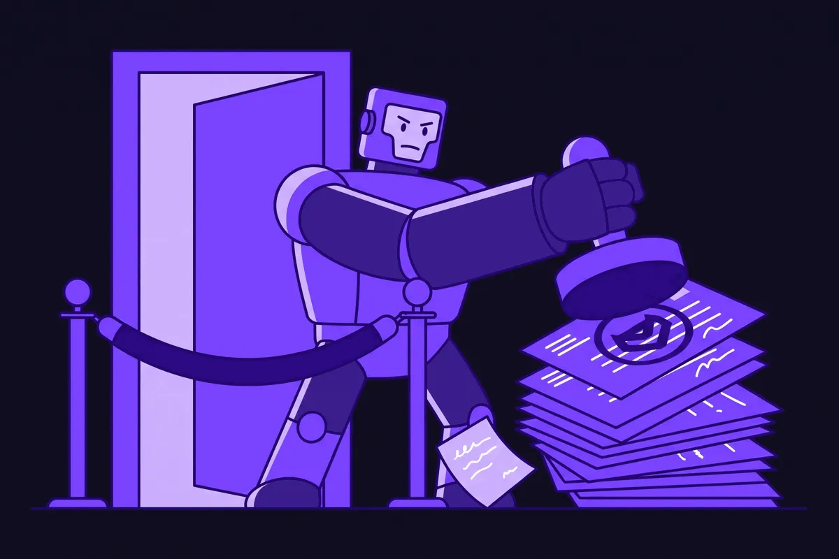 A robot bouncer standing at a velvet rope guarding an inbox, stamping REJECTED on a stack of cold outreach messages while one genuine note slips past unnoticed