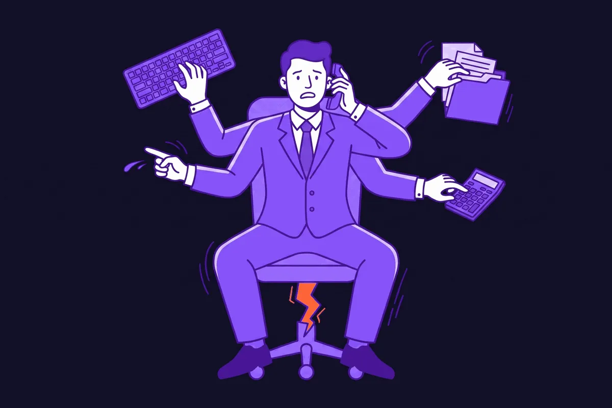 A single frantic worker sprouting five pairs of arms doing everyone's work while the one office chair beneath them splinters and buckles