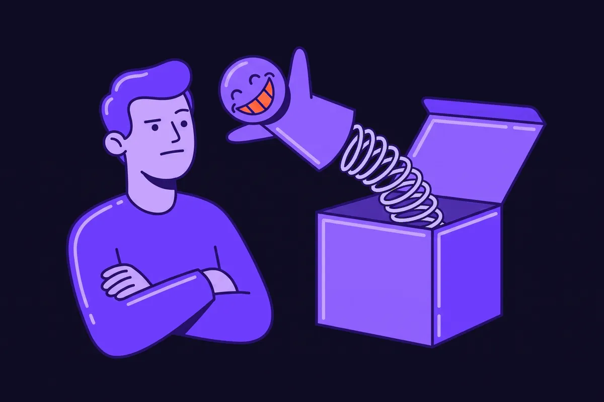 A monthly invoice shaped like a jack-in-the-box springing a grinning puppet at a deadpan, unimpressed customer