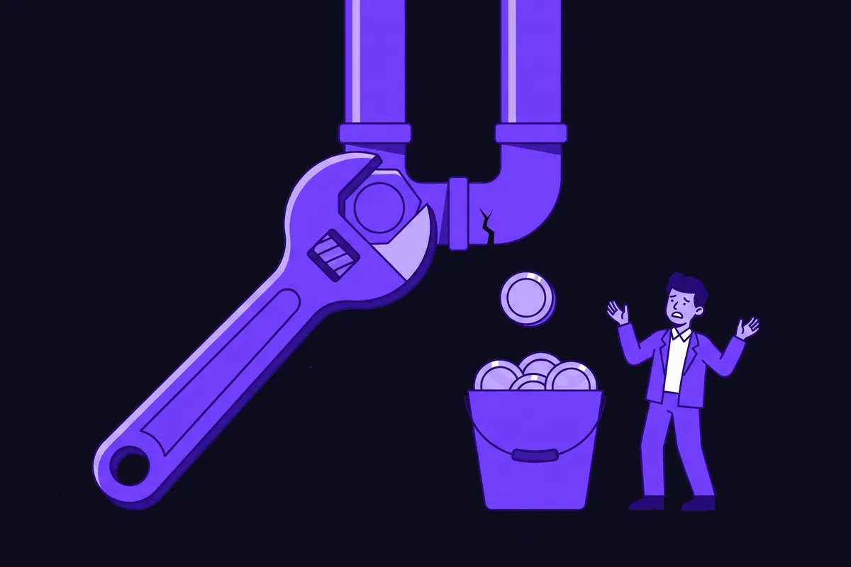 A wrench tightening a leaking pipe that had been dripping coins into a marketer's bucket, cutting off the free efficiency the campaign used to skim