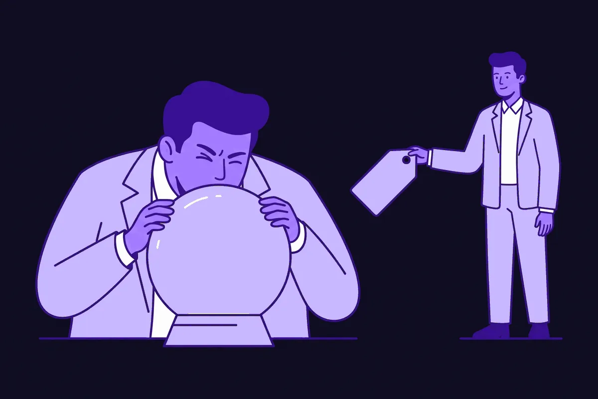 A performance marketer squinting into a foggy crystal ball to guess a customer's worth while the real customer stands beside them holding a clear price tag, unnoticed