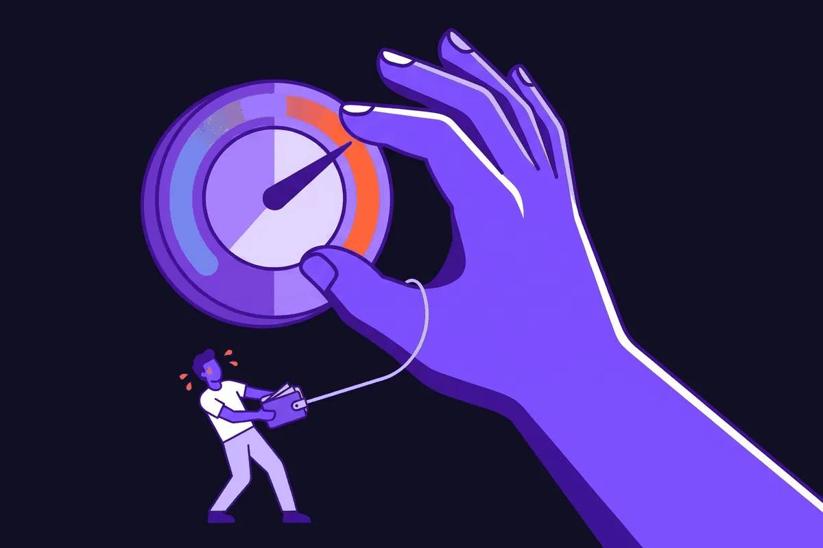 A giant hand cranking a wall thermostat's needle from the cool low end to the maximum while a small performance marketer below sweats and clutches a thinning wallet