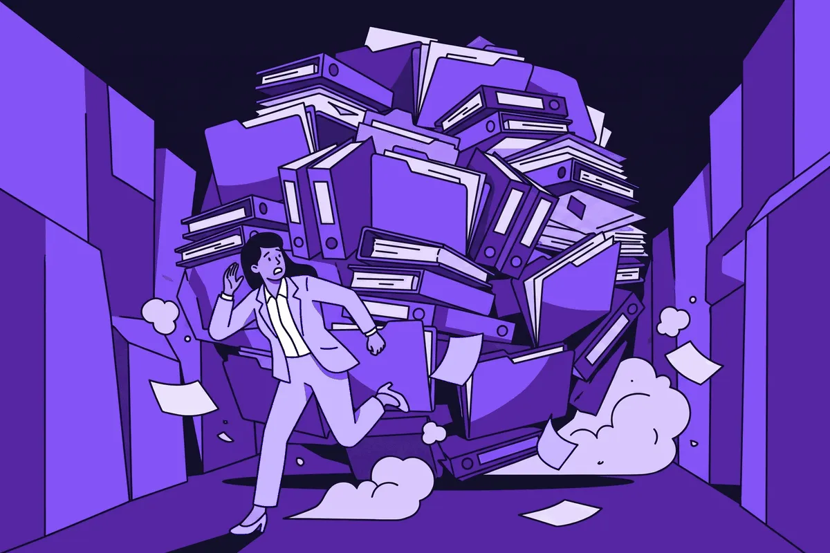 A customer success manager sprints down a narrow stone corridor, glancing back in panic, fleeing a massive rolling boulder built from precariously stacked account folders, an Indiana Jones style chase representing the CSM account benchmark bearing down on her