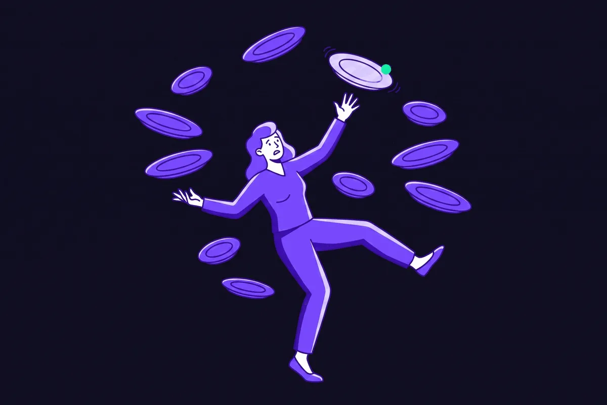 A stressed customer success manager juggles a dozen spinning plates of different sizes, each representing a different account, one plate marked with a small green health-score dot wobbling and about to shatter on the floor while she reaches for it too late