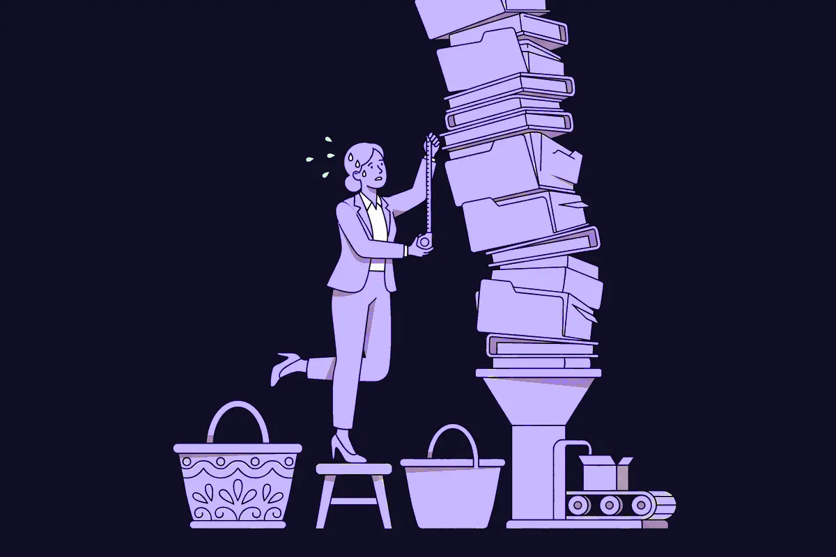 A customer success manager balances on a small stool, holding a tiny measuring tape up against a towering, teetering mountain of account folders, sorting them into three differently shaped baskets, an ornate oversized one, a plain mid-sized one, and a sleek automated funnel chute, sweat flying off her forehead