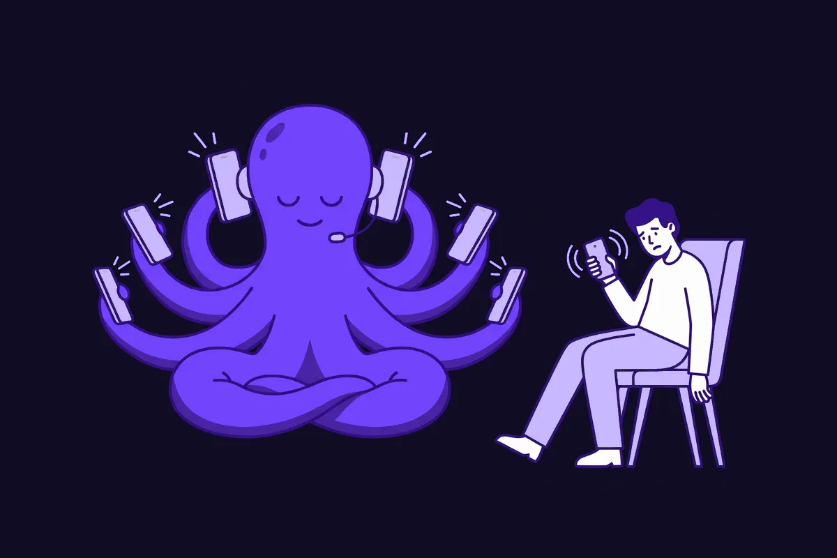 A cartoon octopus wearing a headset, calmly holding eight phones to eight arms at once mid-conversation, while a single exhausted human researcher stares at one ringing phone