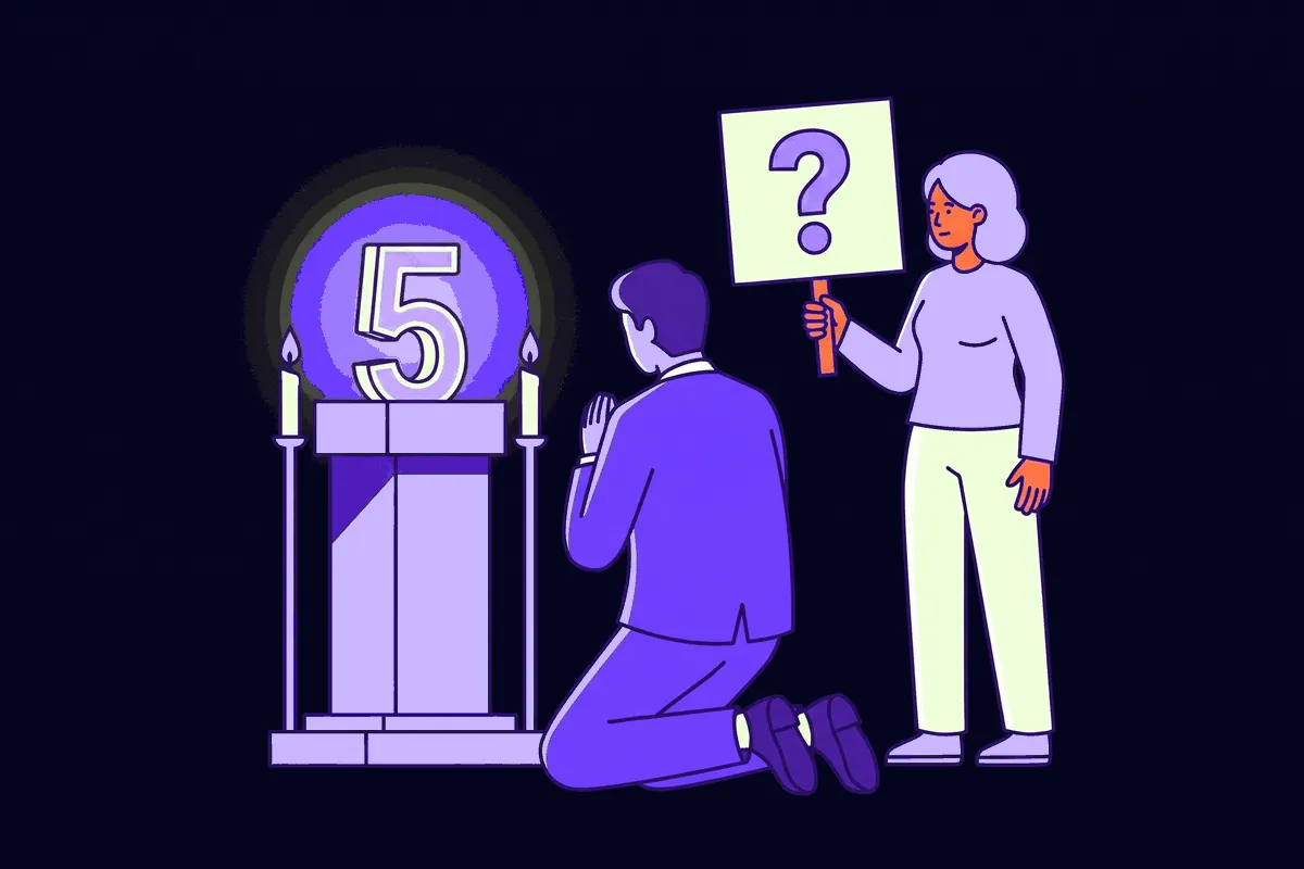 A founder kneeling at a small shrine built around a glowing number 5, candles lit, while a customer stands behind holding an unanswered question on a sign