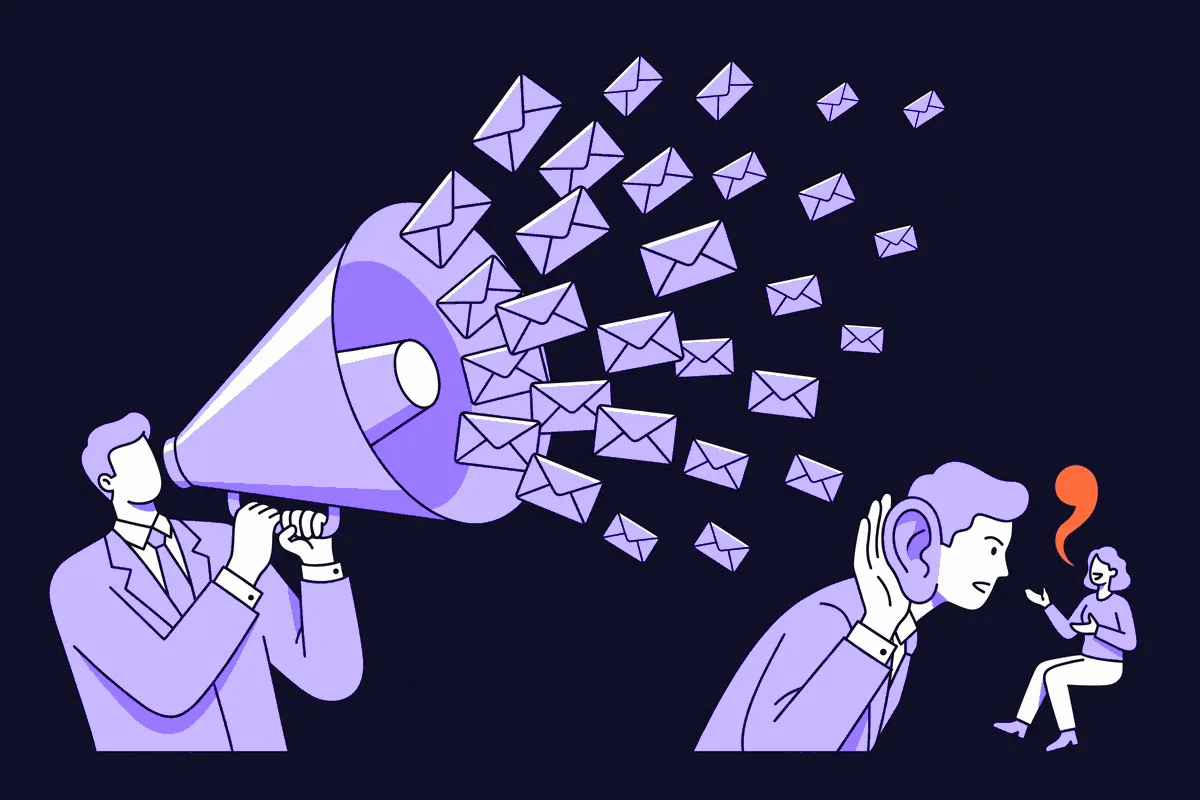 A founder's inbox full of unanswered 'we'd love your feedback' emails beside one real customer conversation that surfaces the truth