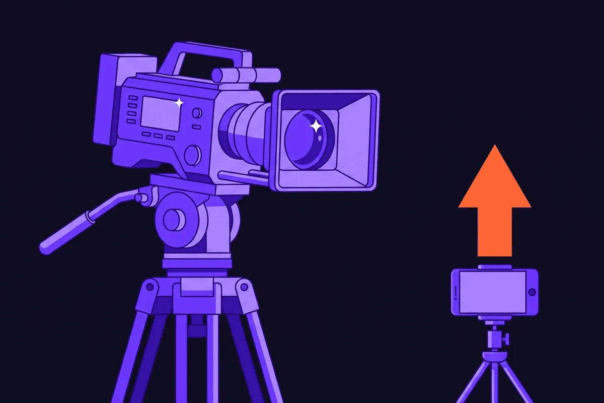 A small hand-held phone filming a video outperforming a giant expensive studio cinema camera beside it, showing how scrappy UGC beats a polished brand ad
