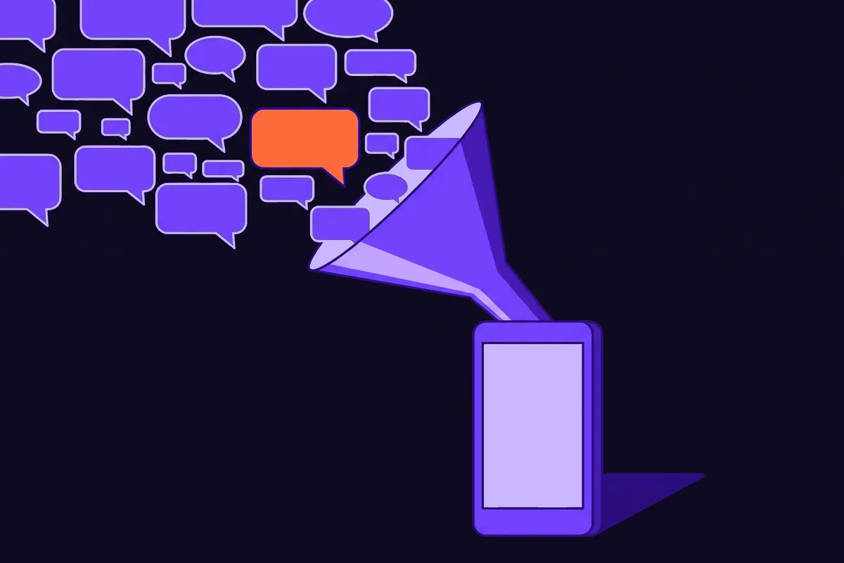 A cluster of real customer voice bubbles funneling down into a phone screen, showing how a brand turns the customer's own words into the UGC script