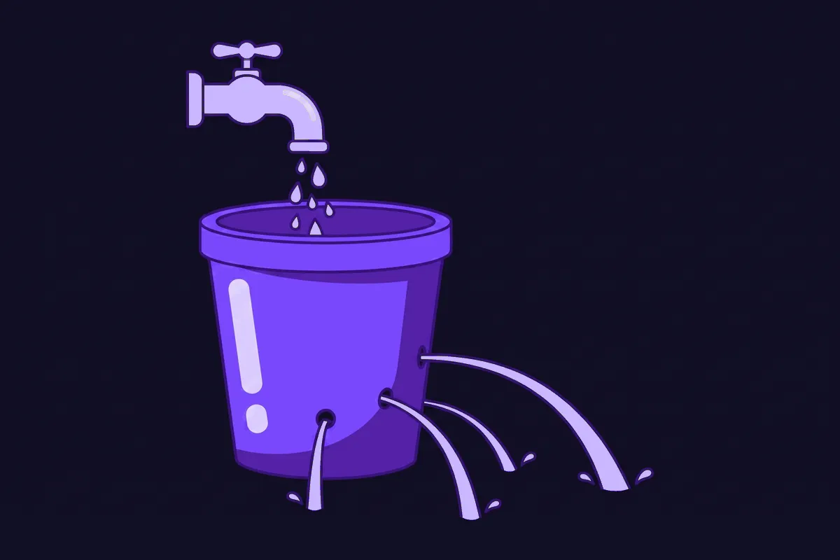 A bucket being filled by a tap at the top while water streams out through several holes near the base, showing new customers pouring in as churn drains them out just as fast