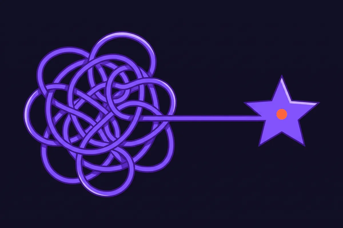 A tangled onboarding path on the left simplified into a single straight line on the right leading to a glowing aha moment marker, showing onboarding stripped to the shortest route to first value