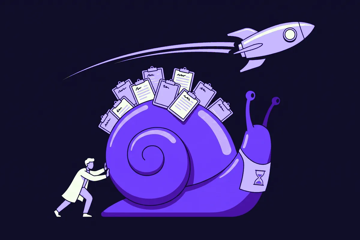 A researcher pushing a giant snail loaded with panel clipboards, wearing a race bib that reads '3 weeks', while a launch rocket labeled 'go-live' speeds past overhead
