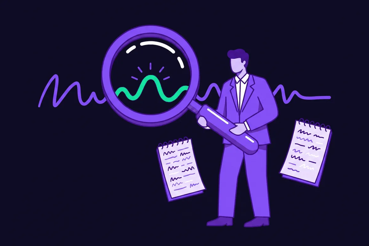 A marketer holding a giant magnifying glass up to a buyer's sentence as one specific word glows and lights up, while a notebook nearby fills with excited underlines