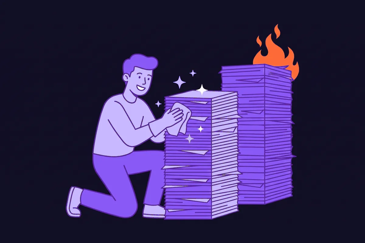 A cheerful office cleaner lovingly buffing one immaculate stack of papers to a shine while the taller stack of deals right behind them is engulfed in flames, completely ignored