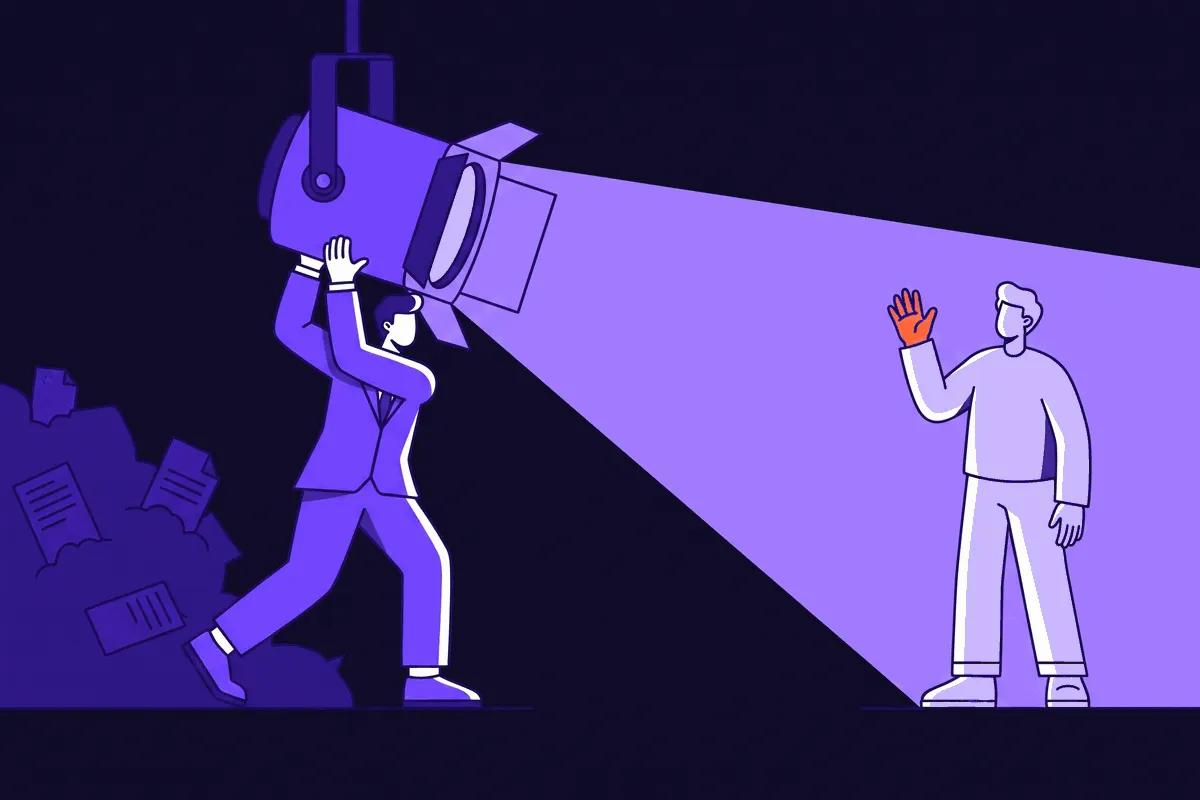 A salesperson swinging a big spotlight off a dull heap of paperwork and onto a real customer who has been waiting in the dark, now lit up and raising a hand to be asked