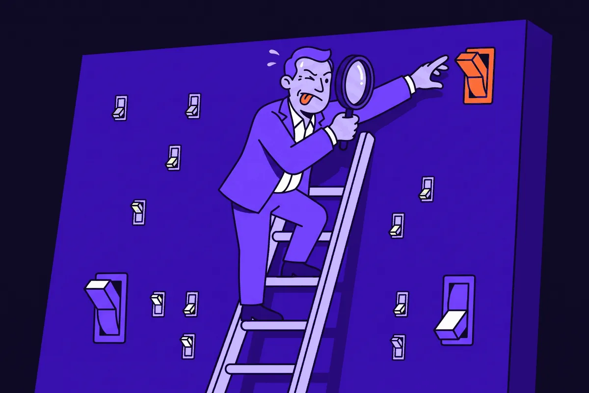 An exasperated operations admin on a ladder with a magnifying glass, hunting three scattered switches on a giant control panel that are all already flipped on