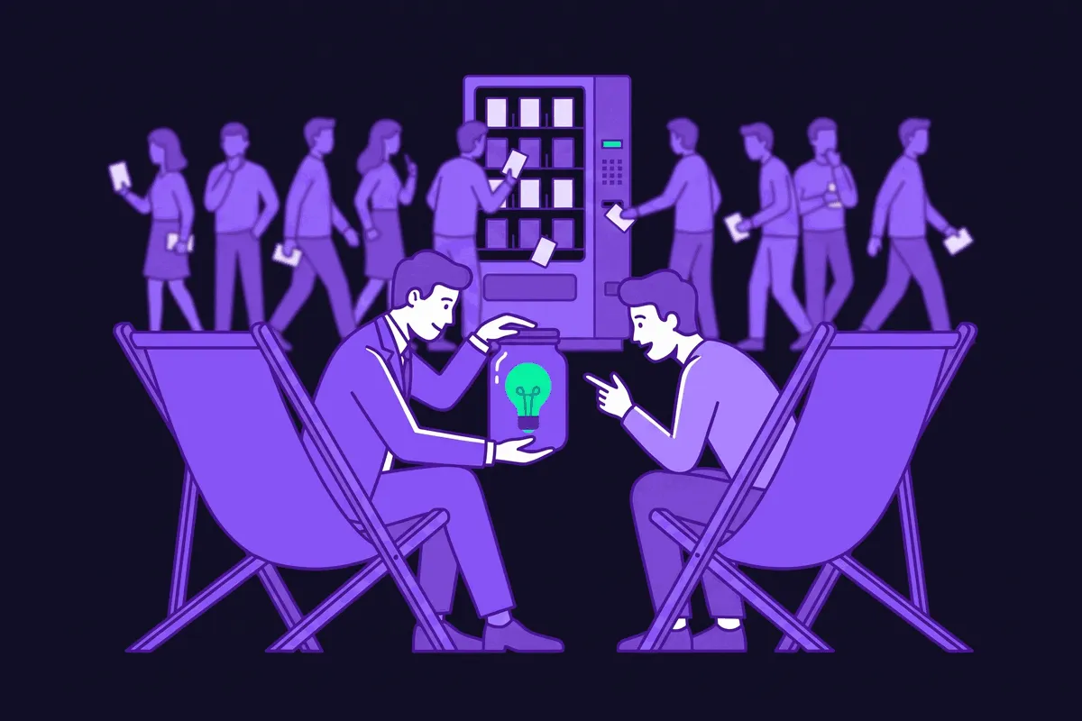 A marketer keeps a single glowing idea sealed in a jar from a one-to-one customer chat while a faceless crowd behind them grabs identical cards from a shared vending machine
