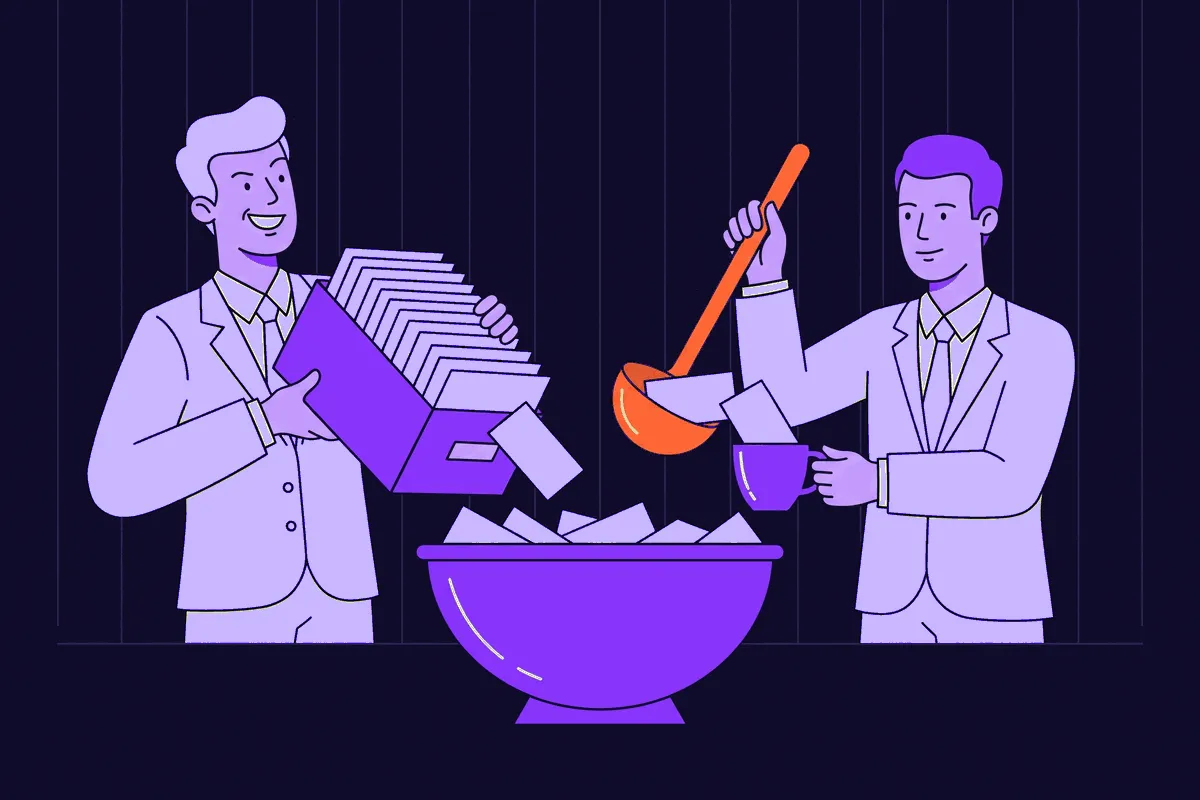 A marketer proudly tips a personal card-file box into a shared communal punch bowl while a rival competitor ladles the same contacts out from the other side