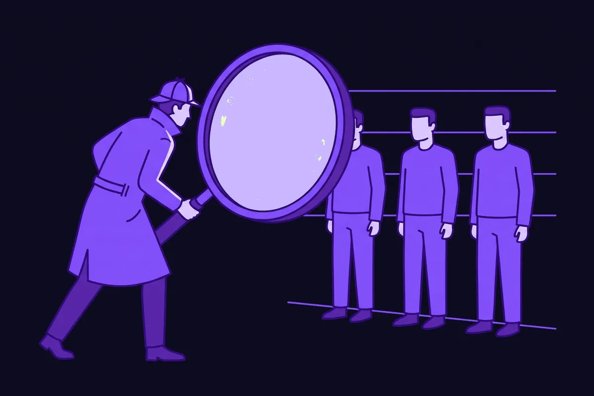 A marketer as a detective holding a magnifying glass to a police lineup of three near-identical algorithm-update suspects.