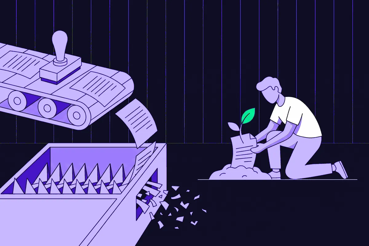 A conveyor belt stamps out identical pages that tip into a shredder, while a marketer plants one page that grows into a living seedling.