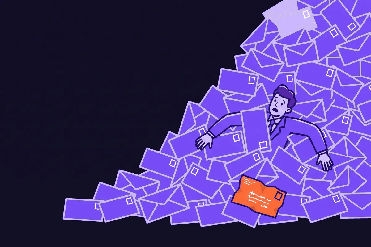 A tiny customer character buried up to the neck under an avalanche of identical AI-stamped form-letter envelopes, with one small hand-addressed NPS survey envelope crushed near the bottom of the pile, completely unopened