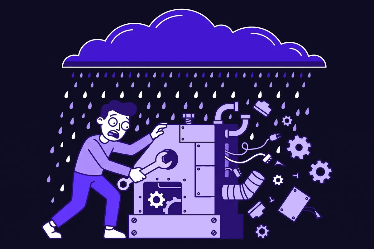 A panicked media buyer dismantling a perfectly good campaign engine into scattered parts with a wrench while a storm cloud rains overhead, the engine was never the problem