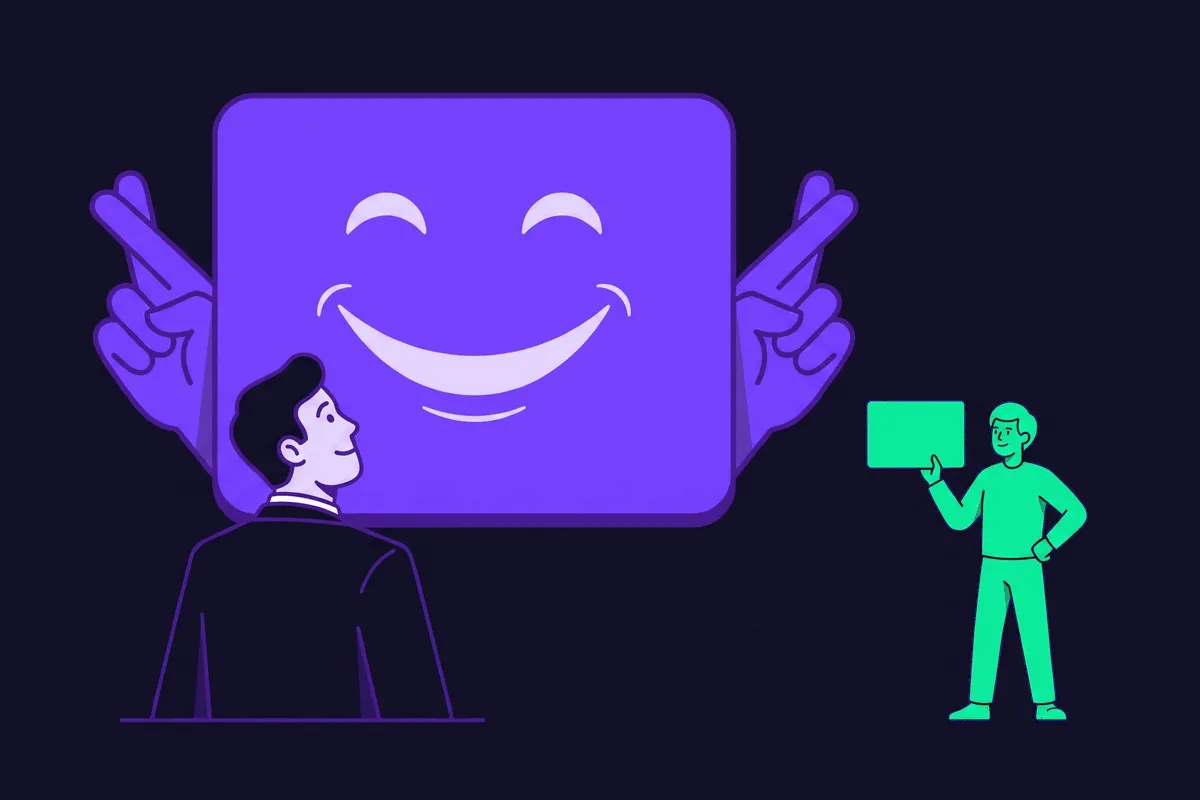 A marketer trusting a giant smiling dashboard face that is secretly crossing its fingers behind its back while a small honest customer beside them holds up the real number