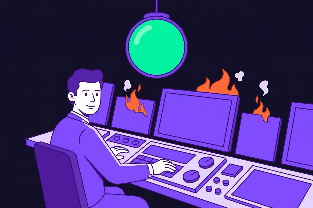 A calm performance marketer at a Meta ads control desk under a glowing green all-clear status lamp while the campaign panels behind quietly catch fire