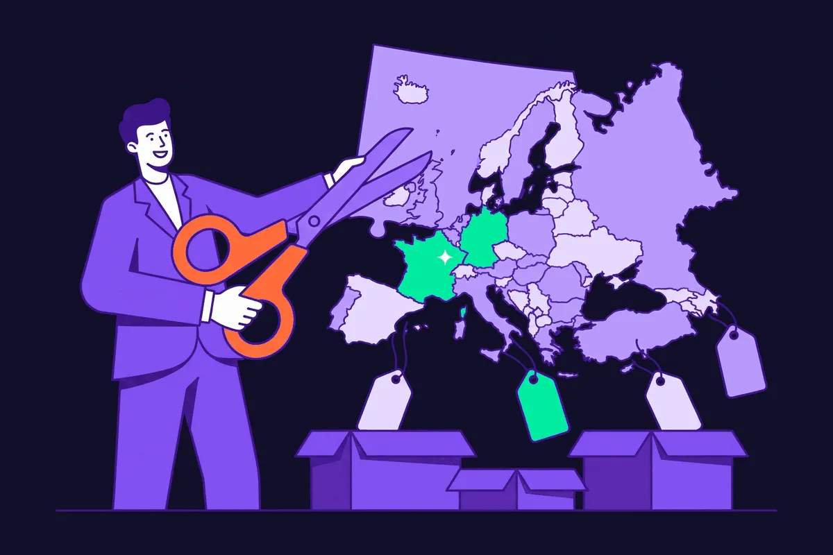 A media buyer with scissors sorts European countries into separate labelled campaign boxes, each country wearing a price tag showing its Meta location fee percentage