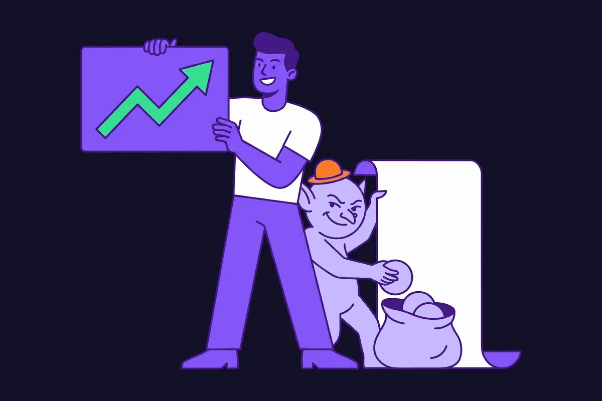 A marketer proudly holds up a green ROAS dashboard trophy while a sneaky location-fee character siphons coins from the Meta invoice behind their back