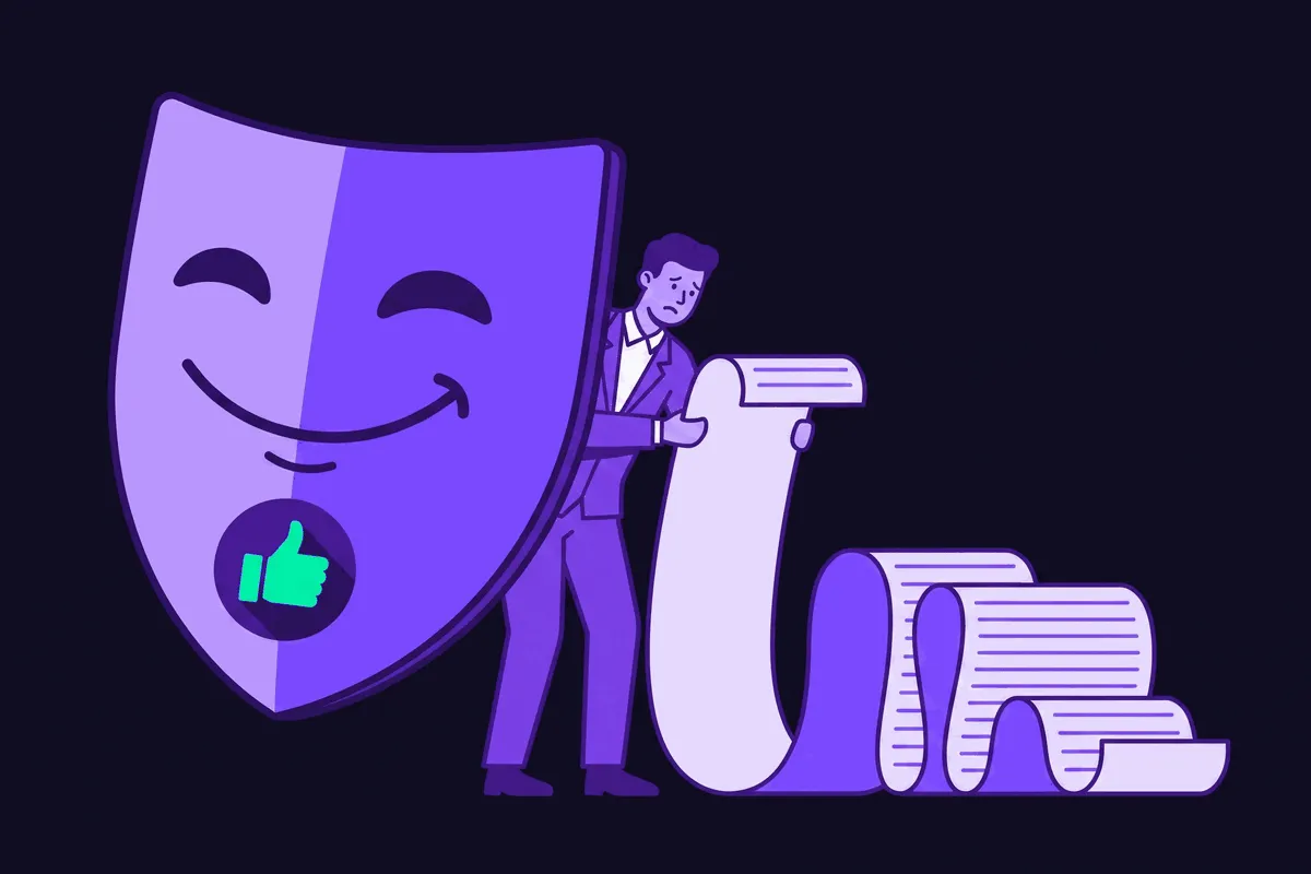 A smug Ads Manager dashboard smiles innocently and gives a thumbs up while a worried finance worker unrolls a far longer invoice scroll piling onto the floor behind it, the hidden location fee