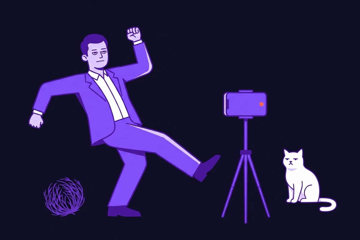 A mortified small business owner awkwardly performing a viral trend dance for a phone on a tripod to game the algorithm, clearly hating every second, in an empty room