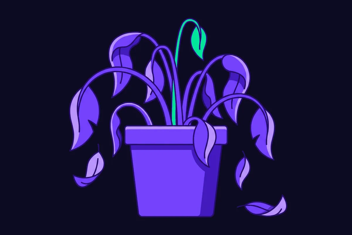 A wilting potted plant with a single leaf still green, showing churn as a slow fade you can spot early rather than a sudden loss