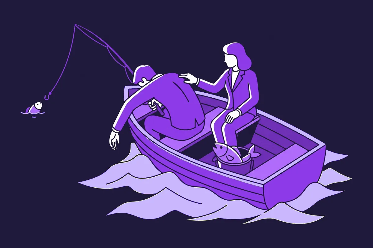 A lone figure in a small rowboat casts a fishing line far out into a dark, choppy sea chasing a tiny distant fish, while a second, calmer figure already sits right behind them in the same boat, patiently tapping their shoulder