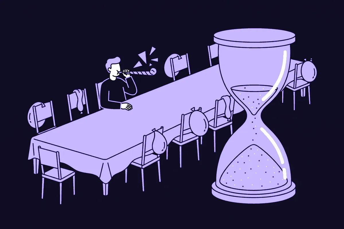 A lone figure holds a party horn mid-blow at a long table ringed entirely by empty chairs, each seat holding one deflated, drooping balloon, while a giant hourglass beside the table drains its last few grains of sand